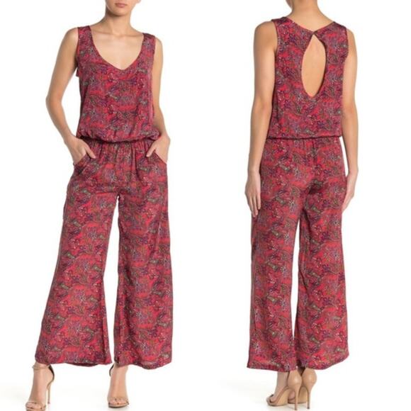 RAGA | Lasting Passion Red Paisley Print Wide Leg Satin Dress w Pockets - Picture 1 of 12